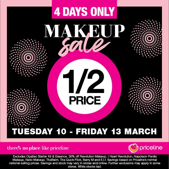 <p>Need a beauty overhaul? It’s time to stock up on makeup at Priceline’s massive 4-day sale!</p>
<p>This Tuesday until  Friday only, save half price on makeup from all your favourite brands including Rimmel London, L’Oréal Paris, Revlon, Nude by Nature and NYX Professional Makeup.</p>
<p>Plus, upgrade your skincare routine with half price on selected face masks and face wipes!</p>
<p>Hurry into Priceline today for these great offers and heaps more.</p>
<p>Sale ends Friday 13th March. Exclusions apply.</p>
