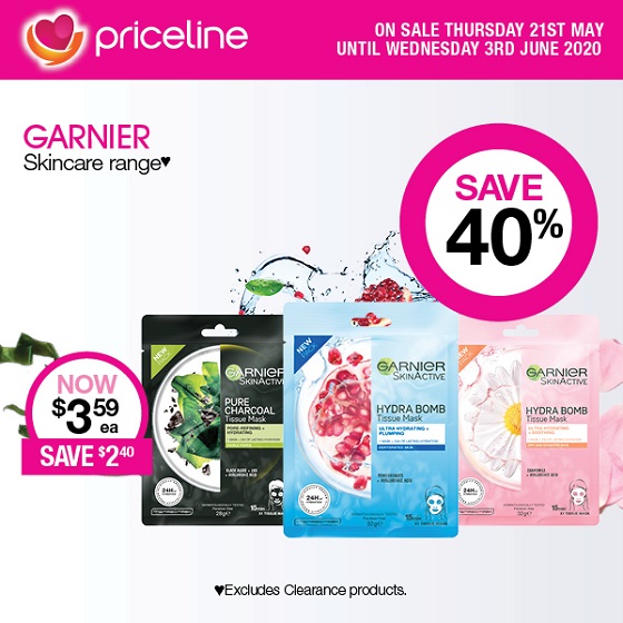 <p>Priceline’s health and beauty sale is now on, with great deals on skincare, haircare and beauty.</p>
<p>Save a massive 40% on the Garnier Skincare range! Plus save half price on Olay skincare range.</p>
<p>Sale ends Wednesday 3<sup>rd</sup> June.</p>
<p><em> </em></p>
<p><em>*Excludes Clearance products. Excludes ProX range.</em></p>
<p> </p>
