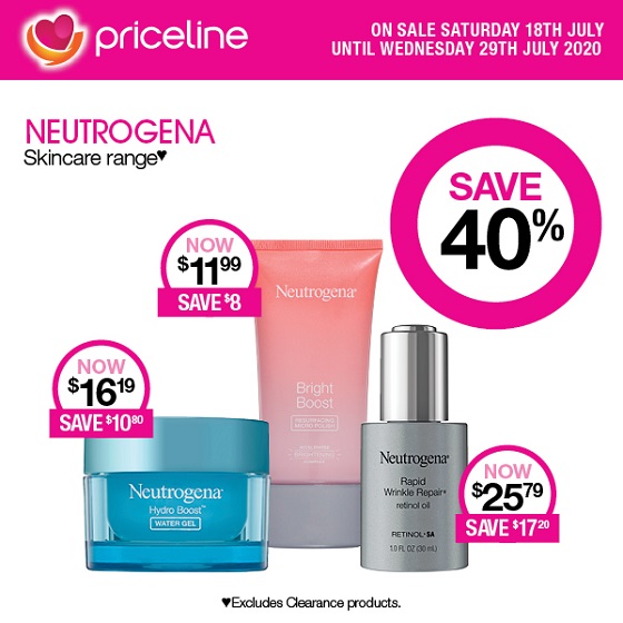 <p>Priceline have all your health, beauty and wellbeing needs covered.</p>
<p>Right now save a massive 40% on the Neutrogena skincare range.</p>
<p>Plus, save half price on the Toni and Guy haircare range.</p>
<p>Head in store today,  sale ends Wednesday 29<sup>th</sup> July.</p>
<p> </p>
<p><em>Disclaimer: Excludes Clearance products. Excludes packs.</em></p>
