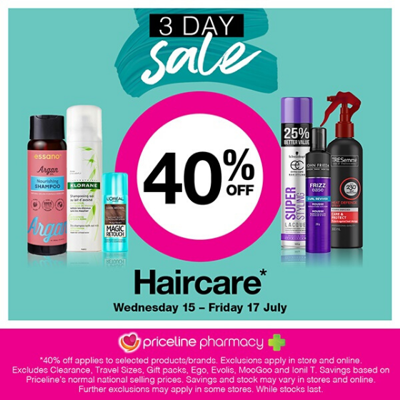 <p>Priceline 3-day sale is on now with 40% off Haircare.</p>
<p>Plus, 40% off your favourite L’Oréal Paris, Maybelline New York and Garnier beauty products.</p>
<p>Hurry! Priceline Pharmacy’s 3 day sale ends Friday 17<sup>th</sup> July.</p>
<p> </p>
<p>*<em>40% off applies to selected products/brands. Exclusions apply in store and online.</em></p>
<p><em>Savings based on Priceline’s normal national selling prices. Savings and stock may vary in stores and online. While stocks last.</em></p>
<p> </p>
