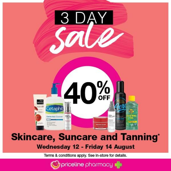 <p>Priceline’s 3-day sale is on now, with 40% off a great range of skincare, suncare and tanning from your favourites, Bondi Sands, La Roche Posay, Olay and lots more.</p>
<p>Our 3 Day Sale ends Friday, at Priceline.</p>
<p><em>[Disclaimer:]</em> <em>Terms and conditions apply see in store or online for details. While stocks last. </em></p>
