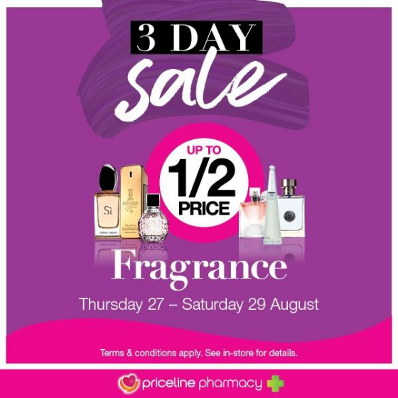 <p>Priceline’s 3-day sale is now on!</p>
<p>Save Up to ½ price on a great range of fragrance.</p>
<p>Plus ½ price on Revlon cosmetics.</p>
<p>Sale ends Saturday.</p>
