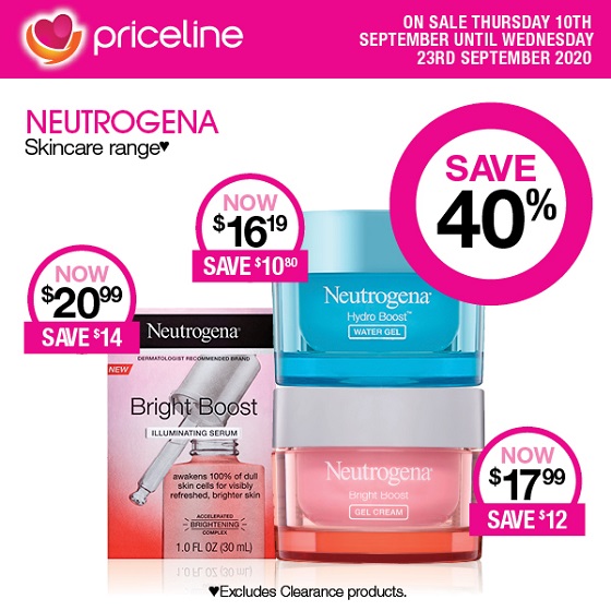 <p>Priceline have all your health, beauty and wellbeing needs covered.</p>
<p>Right now save a massive 40% on the Neutrogena Skincare range</p>
<p>Plus, save 40% on L’ORÉAL PARIS Cosmetic & Skincare ranges.</p>
<p>Sale ends Wednesday 23rd September.</p>
<p> </p>
<p>*Excludes Clearance products. Excludes packs.</p>
