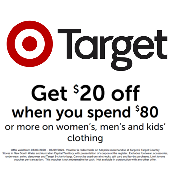 <p>Receive $20 off at Target when you spend $80 or more on clothing this Thursday to Sunday.</p>
<p>What a great opportunity to grab Dad some new clothes for Father’s Day!</p>
<p> </p>
<p><em>*T&Cs apply, see in store for further details.</em></p>
