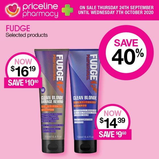 <p>Priceline have all your health, beauty and wellbeing needs covered.</p>
<p>Right now save a massive 40% on Fudge, selected products.</p>
<p>Plus, save 40% on the Revlon face range.</p>
<p>Sale ends Wednesday 7<sup>th</sup> October.</p>
<p><em>[Disclaimer:]</em> Terms and conditions apply.</p>
<p> </p>
