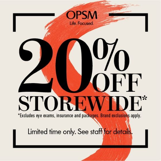 <p>At OPSM Bathurst, get 20% off Storewide* until Sunday 8th November! Shop the latest range and choose from brands like Ray-Ban and Oakley. Visit OPSM Bathurst today!</p>
<p>*Excludes eye exams, insurance, packages and selected brands.</p>
<p><strong> </strong></p>
<p><strong><u>Terms & Conditions:</u></strong> *Excludes Chanel, Gucci, Oliver Peoples, eye exams, insurance and packages. See staff for details. Valid at OPSM Bathurst. Offer ends 08/11/20.</p>
