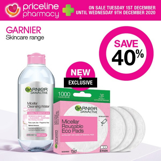 <p>Priceline has all your health, beauty, and wellbeing needs covered.</p>
<p>Right now, the Loreal Paris cosmetics range is half price.</p>
<p>Plus, save 40% on the Garnier skincare range, including the new Garnier Micellar Reusable Eco Pads.</p>
<p>Head in-store today, these offers end Wednesday 9th December.</p>
<p> </p>
<p><em>[Disclaimer:]</em> Conditions and exclusions apply, see in store for details</p>
