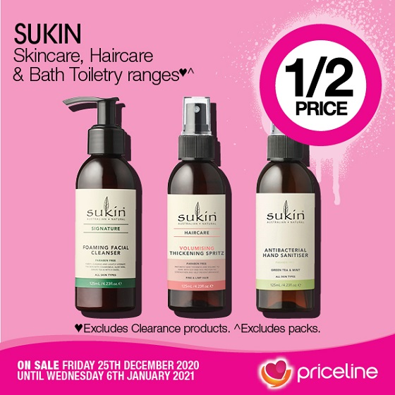 <p>Priceline has all your health, beauty and wellbeing needs covered.</p>
<p>Right now, the Sukin Skincare, Haircare, and Bath Toiletries Ranges are half price.</p>
<p>Plus,  the Neutrogena Skincare and Suncare Ranges are also half price.</p>
<p>Head in-store today, these offers end Wednesday 6th January.</p>
<p><em>*Exclusions apply, please see in-store for details.</em></p>

