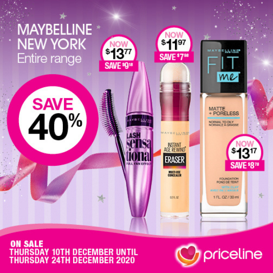 <p>Find your little Christmas something now at Priceline.</p>
<p>Right now, the entire Maybelline range is 40% off.</p>
<p>Plus, save 40% on the Bondi Sands Tanning and Suncare ranges.</p>
<p>Head in-store today, these offers end Thursday 24th December.</p>
<p>Exclusions apply, please see in-store for details.</p>
