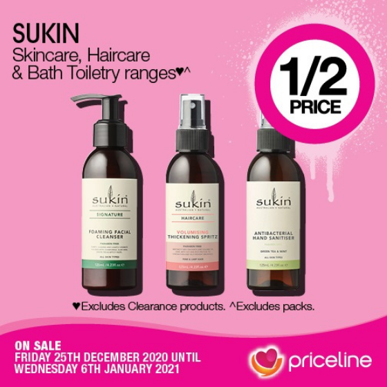 <p>Priceline has all your health, beauty and wellbeing needs covered.</p>
<p>Right now, the Sukin Skincare, Haircare, and Bath Toiletries Ranges are half price.</p>
<p>Plus,  the Neutrogena Skincare and Suncare Ranges are also half price.</p>
<p>Head in-store today, these offers end Wednesday 6th January.</p>
<p><em>[Disclaimer:]</em> Exclusions apply, please see in-store for details</p>
