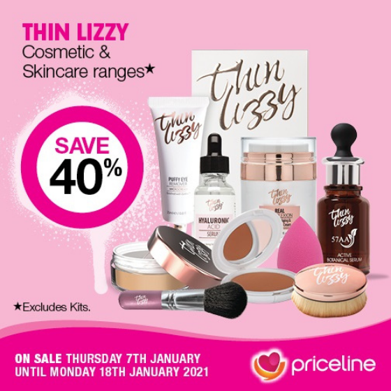 <p>Priceline has all your health, beauty and wellbeing needs covered.</p>
<p>Right now, the Tresemme Haircare and Styling ranges are half price.</p>
<p>Plus,  save 40% on the Thin Lizzy Makeup and Skincare ranges.</p>
<p>Head in-store today, these offers end Monday 18th January.</p>
<p><em>[Disclaimer:]</em> Exclusions apply, please see in-store for details</p>
