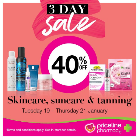 <p>Priceline’s 3-day sale is on now!</p>
<p>Save 40%  off a great range of Skincare, Suncare, and Tanning.</p>
<p>Plus, selected Makeup is half price.</p>
<p>Hurry, sale ends Thursday 21st January.</p>
<p>[Disclaimer] Exclusions apply, please see in store for details.</p>
