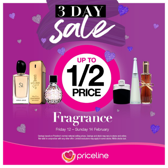 <p>Priceline 3-day Valentine’s day sale is on now!</p>
<p>Right now, save up to ½ Price on Fragrance</p>
<p>Plus, save 30% off selected Tanning, Lashes, and Lip Products.</p>
<p>Hurry, sale ends Sunday 14th February.</p>
<p>[Disclaimer] Exclusions apply, please see in store for details.</p>
