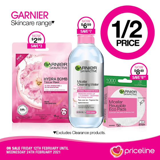 <p>Priceline has all your health, beauty and wellbeing needs covered.</p>
<p>Right now, save ½ Price on the Garnier Skincare Range.</p>
<p>Plus,  receive a free haircare gift bag valued at over $160 when you spend $49 on Haircare, Hair Accessories, or Hair Removal across participating brands.</p>
<p>Head in-store today, these offers end Wednesday 24th February.</p>
<p><em>[Disclaimer:]</em> Exclusions apply, please see in-store for details</p>
