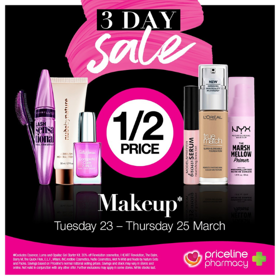 <p>Priceline 3-day sale is on now!</p>
<p>With half-price makeup including Models Prefer, Thin Lizzy, and Australis.</p>
<p>Plus half-price selected skincare, vitamins and haircare.</p>
<p>Hurry! Sale ends Thursday 25th March.</p>
<p>[Disclaimer] Exclusions apply, please see in store for details.</p>
