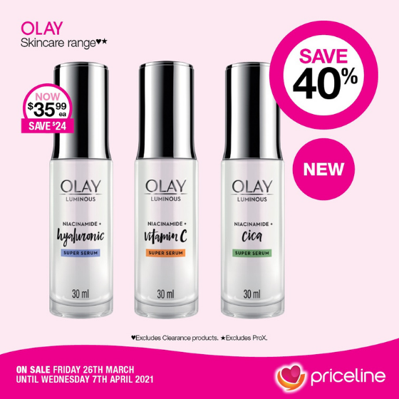<p>Priceline has all your health, beauty and wellbeing needs covered.</p>
<p>Right now, save 40% off Thin Lizzy Cosmetics.</p>
<p>Plus,  Save 40% off Olay Skincare including the new Olay Super Serum range!</p>
<p>Head in-store today, these offers end Wednesday 7th April.</p>
<p><em>[Disclaimer:]</em> Exclusions apply, please see in-store for details</p>
