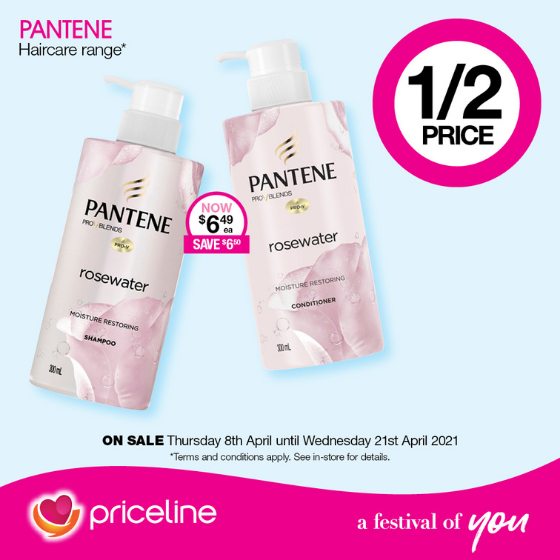 <p>Priceline has all your health, beauty and wellbeing needs covered.</p>
<p>Right now, save ½ Price on Pantene Haircare.</p>
<p>Plus,  Save 40% off the Maybelline New York Cosmetic Range!</p>
<p>Head in-store today, these offers end Wednesday 21st April.</p>
<p><em>[Disclaimer:]</em> Exclusions apply, please see in-store for details</p>
