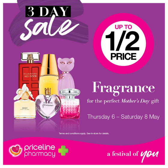 <p>Priceline’s 3-day sale is on now!</p>
<p>With up to half price Fragrance, the perfect Mother’s Day gift.</p>
<p>Plus half-price Big Brand makeup.</p>
<p>Hurry! Sale ends Saturday 9th May.</p>
<p>Exclusions apply, please see in store for details.</p>

