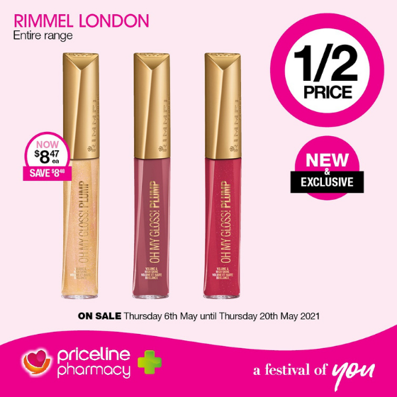 <p>Priceline has all your health, beauty and wellbeing needs covered.</p>
<p>Right now, Save 50% off the L’Oreal Paris Cosmetic Range.</p>
<p>Plus, Save 50% off the Entire Rimmel London Range!</p>
<p>Head in-store today, these offers end Thursday 20th May.</p>
<p>Exclusions apply, please see in-store for details</p>
