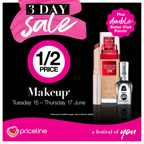 <p>Priceline’s 3-day sale is on now!</p>
<p>With half price makeup and half price big brand skincare and haircare.</p>
<p>PLUS double sister club points on all sale items!</p>
<p>Sale ends Thursday at Priceline</p>
