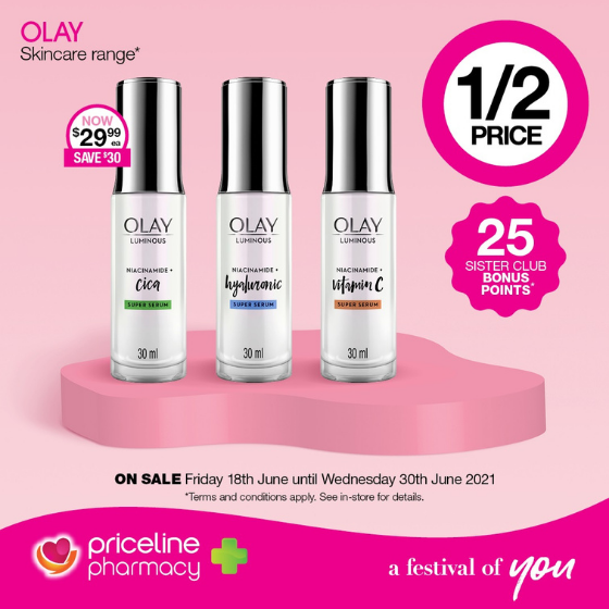<p>Priceline has all your health, beauty and wellbeing needs covered.</p>
<p>Right now, save 50% off Olay Skincare.</p>
<p>Plus, pick up your free copy of You magazine.</p>
<p>Head in-store today, these offers end Wednesday 30th June</p>

