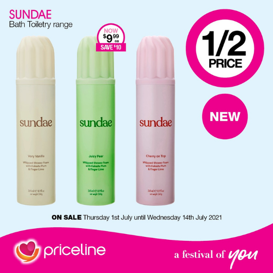 <p>Priceline has all your health, beauty and wellbeing needs covered.</p>
<p>Right now, save 50% off the new Sundae Whipped Body Wash Range.</p>
<p>Plus, pick up your free copy of You magazine in-store.</p>
<p>Head in-store today, these offers end Wednesday 14<sup>th</sup> July</p>
<p> </p>
<p> </p>
