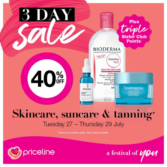 <p>Priceline’s 3-day sale is on now!</p>
<p>With 40% off a great range of skincare, suncare, and tanning</p>
<p>..plus half price on big brand makeup</p>
<p>Hurry, sale ends Thursday. Terms and conditions apply.</p>
