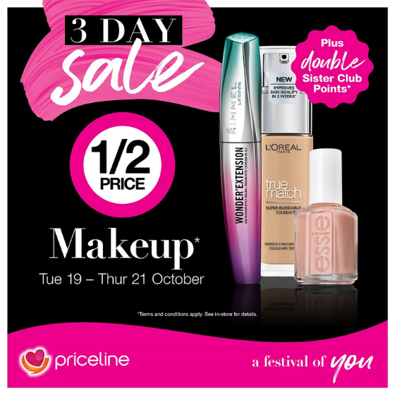 <p>Priceline’s 3-day sale is on now!</p>
<p>With half price off makeup and 40% off selected skincare.</p>
<p>Plus, earn double Sister Club Points storewide.</p>
<p>Hurry, sale ends Thursday.</p>
<p><em>[Disclaimer:]</em> Terms and conditions apply, see in store for details</p>
