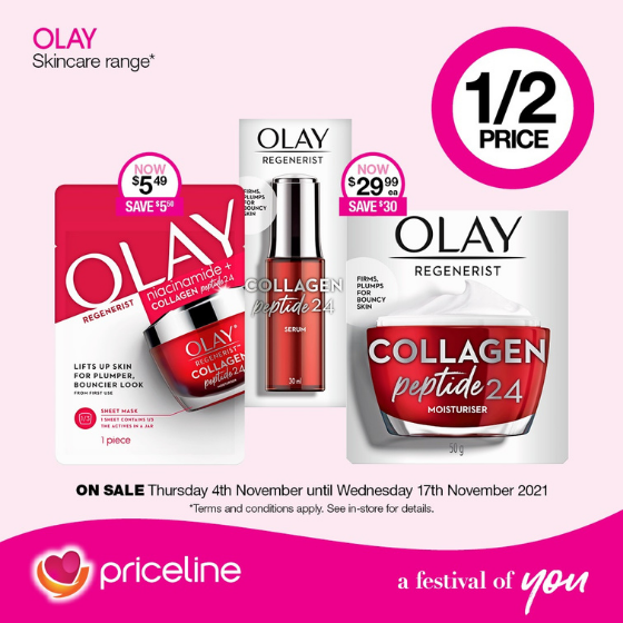 <p>Priceline has all your health, beauty and wellbeing needs covered.</p>
<p>Right now, save ½ price on Olay skincare</p>
<p>Plus, pick up your FREE issue of Priceline’s special Christmas edition of YOU magazine.</p>
<p>Head in store today, these offers end Wednesday 17 November.</p>
<p><em>[Disclaimer:]</em> Terms and conditions apply, see in store for details</p>
