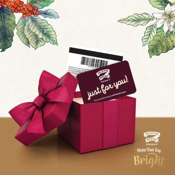 <p>Make their day bright with the gift of choice this Christmas at Muffin Break! The perfect gift for family, friends or Secret Santa is now available at participating Muffin Break stores.</p>
<p> </p>
