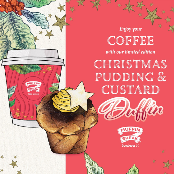 <p>A cinnamon sugar base, filled with lightly spiced fruit mince, a swirl of custard and garnished with a white icing star with a dusting of gold… what’s that you ask? It’s Muffin Break’s Christmas Pudding & Custard Duffin! Head in store to try one today!</p>
