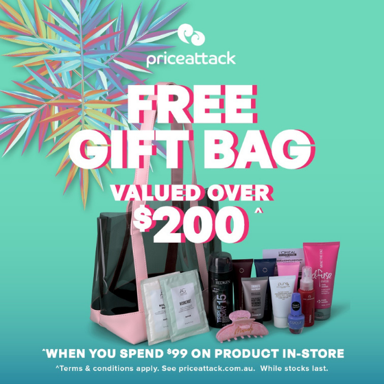 <p><em>Our Gift to you…receive a Free Gift Bag valued at over $200 when you spend $99 in-store or $55 in-store and $40 on any salon service. Plus glam up your gifting at Price Attack this Christmas with gifts from just $19.95.  Shop in-store today. </em></p>
<p><em> </em><em>We’ve got something for everyone from your favourite hair care brands. Christmas Gift Guide available in-store now!</em></p>
<p><em> </em><em>*Visit priceattack.com.au for T&Cs.</em></p>
<p> </p>
