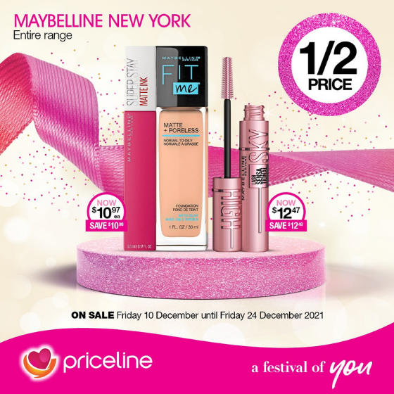 <p>Priceline has all your health, beauty and wellbeing needs covered.</p>
<p>Right now, save ½ price on Maybelline</p>
<p>Plus, pick up some last minute Christmas gifts with great offers across skincare, fragrance, makeup and more!</p>
<p>Head in store today, these offers end Friday 24 December.</p>
<p>Terms and conditions apply, see in store for details</p>
