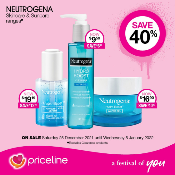 <p>Priceline has all your health, beauty and wellbeing needs covered.</p>
<p>Right now, save 40% off Neutrogena skincare and suncare</p>
<p>Plus, great offers across skincare, fragrance, makeup and more!</p>
<p>Head in store today, these offers end Wednesday 5 January.</p>
<p>Terms and conditions apply, see in store for details</p>
