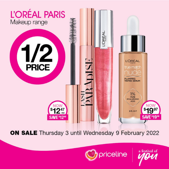 <p>Priceline Pharmacy has all your health, beauty and wellbeing needs covered.</p>
<p>Right now, save ½ price on L’Oréal Paris makeup.</p>
<p>Plus, celebrate the Priceline Sister Club’s 21<sup>st</sup> Birthday with a free beauty box for all members who spend $50 in one transaction in store!</p>
<p>Head in store today, these offers end Wednesday 9 February.</p>
<p>Terms and conditions apply, see in store for details</p>
