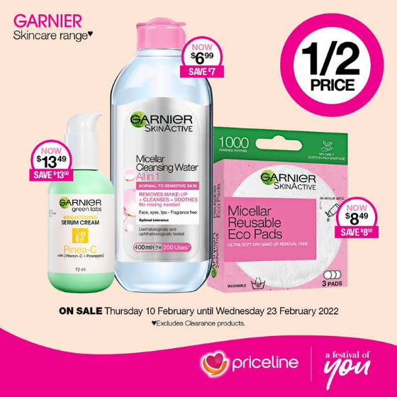 <p>Priceline has all your health, beauty and wellbeing needs covered.</p>
<p>Right now, save ½ price on the Garnier skincare range including the new green labs range.</p>
<p>Head in store today, these offers end Wednesday 23 February.</p>
<p>Terms and conditions apply, see in store for details</p>
