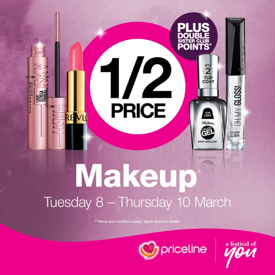 <p>Priceline’s 3 day makeup sale is on now!</p>
<p>Save ½ price on makeup from Maybelline, Revlon and more.</p>
<p>Plus, save 40% on selected skincare and ½ price on selected beauty accessories and masks and wipes.</p>
<p>Hurry, sale ends Thursday 10.</p>
<p>Terms and conditions apply, see in store for details</p>
