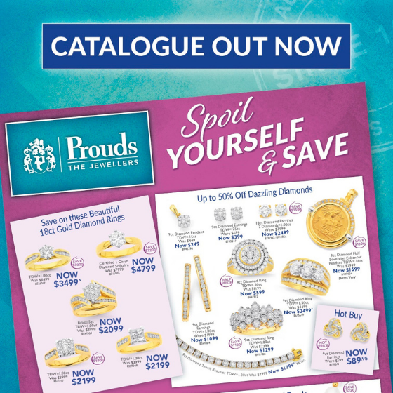 <p>Thinking of Jewellery?  Think Prouds The Jewellers.  Our “Spoil Yourself & Save” Catalogue is out now with savings of up to 50% off selected items!</p>
<p>Come and visit Prouds for your catalogue and try on any one of a huge selection of dazzling jewellery and watches.</p>
<p>Dress up in jewellery and Watches at Prouds The Jewellers!</p>
