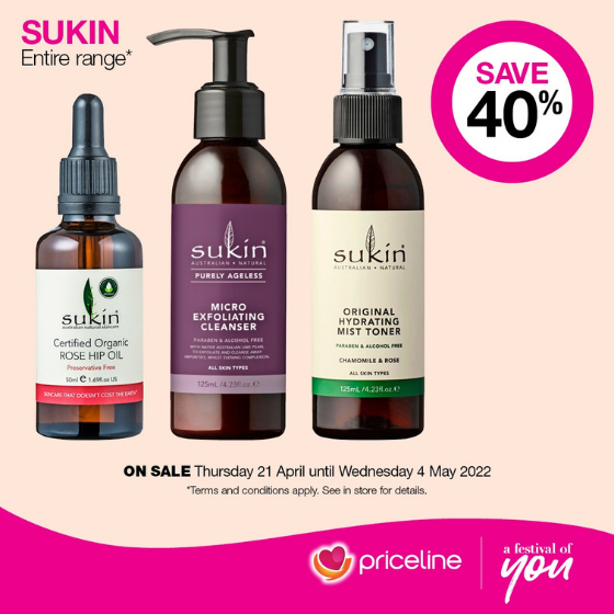 <p>Priceline has all your health, beauty and wellbeing needs covered.</p>
<p>Right now, save 40% off Sukin.</p>
<p>Plus, spend $69 in store or online and claim your FREE skincare gift box.</p>
<p>Head in store today, these offers end Wednesday 4 May.</p>
<p>Terms and conditions apply, see in store for details</p>
