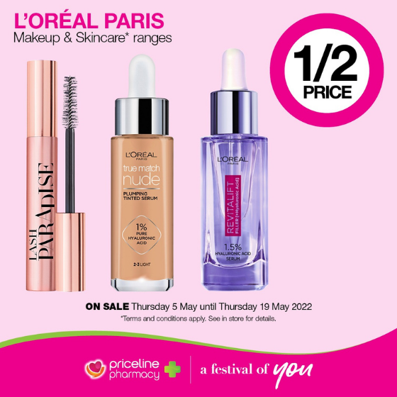 <p>Right now, save ½ price off L’Oréal Paris Makeup & Skincare ranges.</p>
<p>Plus, spend $39 across participating brands and receive a FREE Baby & you box valued at over $120</p>
<p>Hurry, sale ends Thursday 19th.</p>
<p>Terms and conditions apply, see in store for details</p>
