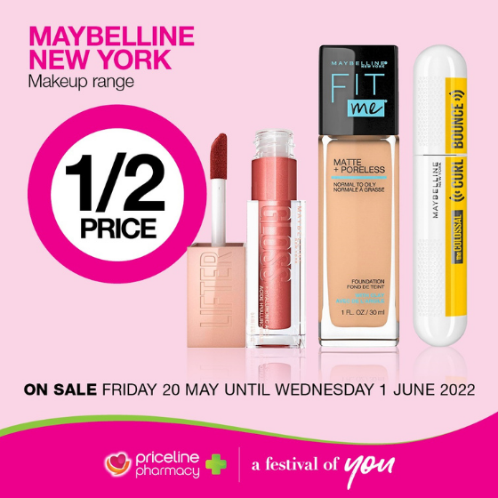 <p>Priceline has all your health, beauty and wellbeing needs covered.</p>
<p>Right now, get 1/2 price off the Maybelline New York Makeup range.</p>
<p>Plus, great offers across the store!</p>
<p>Head in store today, these offers end Wednesday 1 June.</p>
