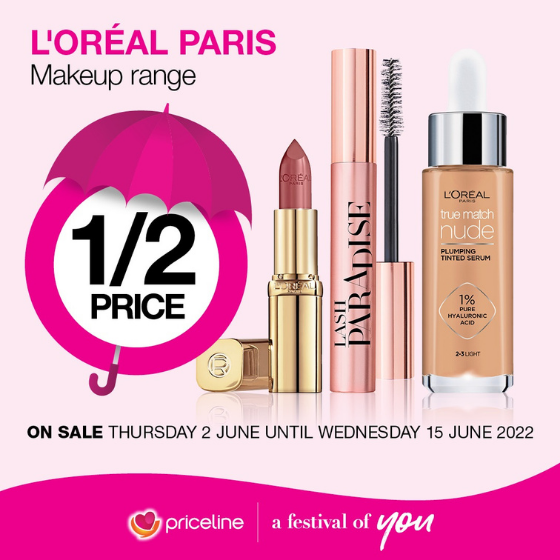 <p>Priceline has all your health, beauty and wellbeing needs covered.</p>
<p>Right now, get 1/2 price off the L’Oréal Paris Makeup range.</p>
<p>Plus, pick-up your FREE winter edition of You magazine.</p>
<p>Head in store today, these offers end Wednesday 15 June.</p>
