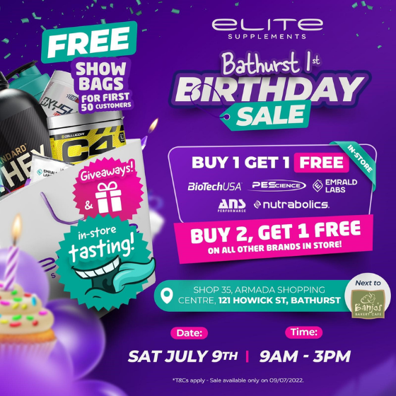 <p>Elite supps Bathurst is Turing one! Our birthday sale is this Saturday the 9th of July from 9-3</p>
<p>Massive Sales in store all with buy one get one free on our best selling brands & Buy 2 get one free one every other brand in store!</p>
<p>Show bags for the first 50 Customers through the door</p>
<p>Giveaways all day and in store taste testing throughout the day!</p>
<p>You won’t want to miss this one!</p>
