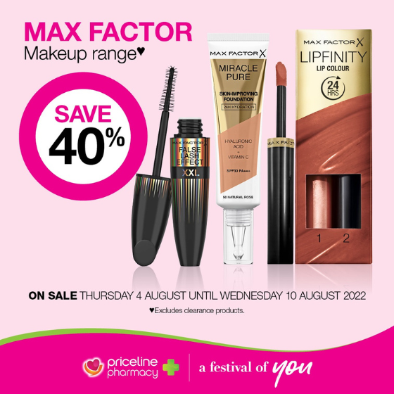 <p>Priceline has all your health, beauty and wellbeing needs covered.</p>
<p>Right now, get 40% off the Max Factor Makeup range!</p>
<p>Explore the Lipfinity 24-hour lip colour lipstick, Miracle Pure Skin-improving foundation with hyaluronic acid + vitamin C and False Lash Effect XXL mascara.</p>
<p>Head in store today, these offers end Wednesday 10 August.</p>
