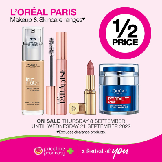 <p>Priceline has all your health, beauty and wellbeing needs covered.</p>
<p>Right now, explore the NEW Glow Paradise Balm-In-Lipstick and Hyaluronic Acid & Retinol Power Serum Duo!</p>
<p>Come in store for 1/2 price the L’Oréal Paris Makeup & Skincare ranges, because you’re worth it.</p>
<p>Head in store today, these offers end Wednesday 21 September.</p>

