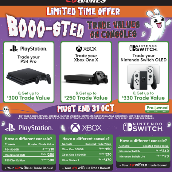<p>Spooky season is officially here so we’re giving you BOOO-sted trade values on consoles, available for a LIMITED TIME ONLY! 🎃👻</p>
<p> </p>
