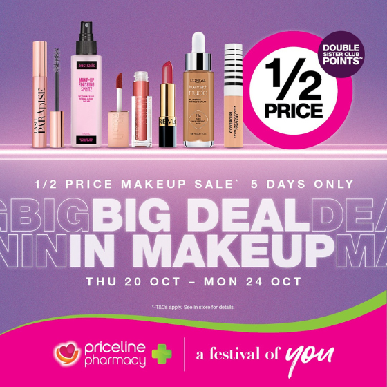 <p>Priceline Big Deal In Makeup sale is on now!<br />
Save half price on makeup.<br />
Plus save 40% on favourites such as Revolution, Milani, The Quick Flick and more!<br />
Hurry, ends Monday 24 October!</p>
