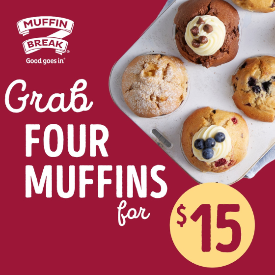 <p>Apple Cinnamon or Choc Chip? Why not both?</p>
<p>Get a pack of 4 at Muffin Break for only $15 and spoil yourself with all your favourite flavours!</p>
