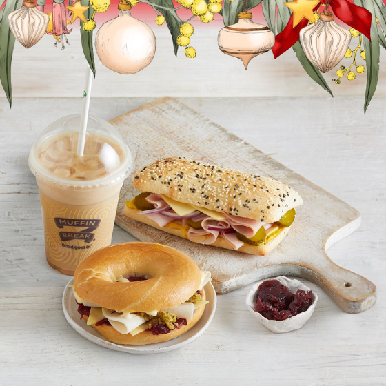<p>Take a break from your Christmas shopping and enjoy a festive Turkey, Cranberry and Stuffing Bagel or a Ham, Cheese, Mustard and Onion Turkish Roll for lunch. Fill your bellies with the flavours of Christmas these holidays.</p>

