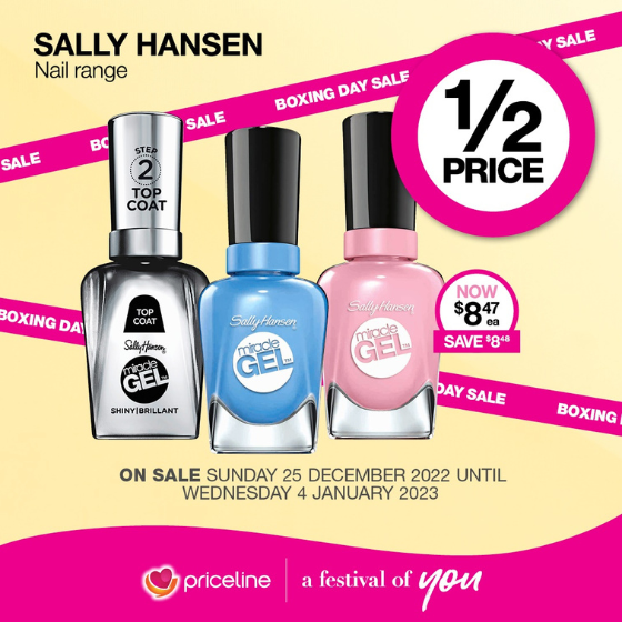<p>Priceline has all your health, beauty and wellbeing needs covered.</p>
<p>Right now, explore Priceline Pharmacies ½ price boxing day sale.</p>
<p>Head in store today, these offers end Wednesday 4 January 2023 .</p>
<p>Excludes clearance products. See in store for details.</p>
